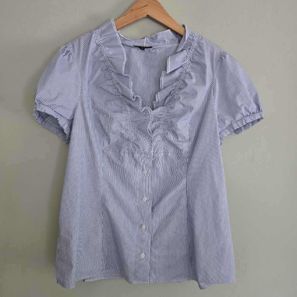 The Limited Essential Shirt, Puff Sleeve with Ruffle Placket, Blue Stripe, XL